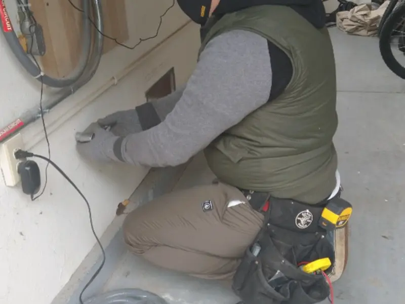 Electrician performing outlet wiring in a Winona garage